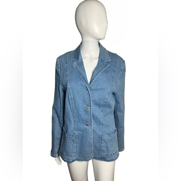 Escada Light Blue Denim Jacket with Embroidered Details 42 XL - Picture 2 of 9